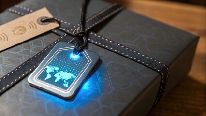 supply warehousing cos. Black gift box with textured pattern and a glowing blue tech-themed tag featuring a world map design tied with black string.