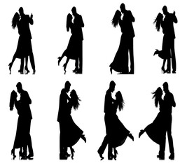 Silhouettes of couples dancing embracing and posing in various romantic positions high quality professional detailed modern