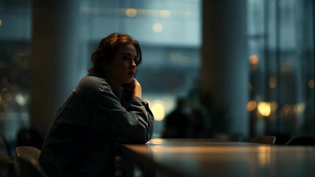 Woman Sitting Alone at Table in Dimly Lit Room.