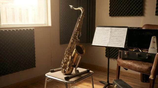 alto saxophone resting on stand inside quiet practice room orbit video	