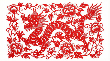 Intricate Traditional Chinese Red Paper Cutting Art Featuring a Dragon and Peonies
