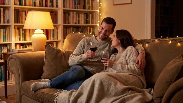 Romantic couple drinking wine together on a cozy sofa at home, enjoying an intimate, warm evening moment in a comfortable living room.