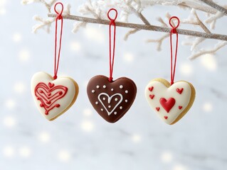 Three heart-shaped cookies hanging from a branch, decorated with red and white icing designs, against a blurred white background with bokeh lights.