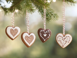 Heart-shaped cookies hanging from a tree branch with intricate designs and festive atmosphere