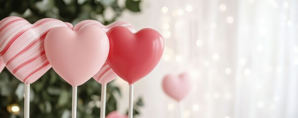 Heart-shaped lollipops in various shades of pink displayed near a decorated Christmas tree with lights in the background