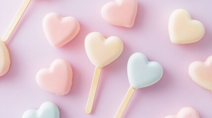 Pastel heart-shaped lollipops arranged on a soft pink background, viewed from directly above, showcasing sweet treats