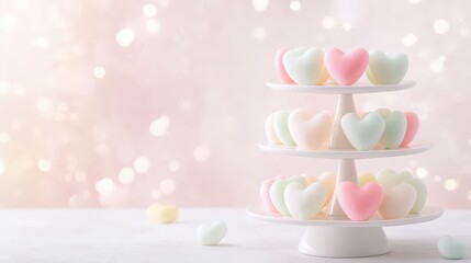 Colorful heart-shaped treats on a three-tiered pastel dessert stand with soft focus background