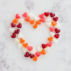 Heart shaped arrangement of colorful candy hearts on a marble surface viewed from above