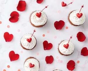 Valentine's Day cupcakes with white frosting and heart decorations on a festive background viewed from above