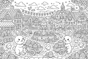 Obraz premium Easter Village Coloring Page with Bunnies and Egg Market Scene