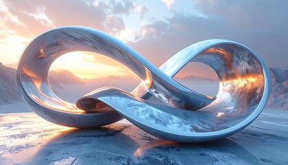 Shiny infinity symbol lies on ice, reflecting the sunset sky, with snow-covered mountains in the distance