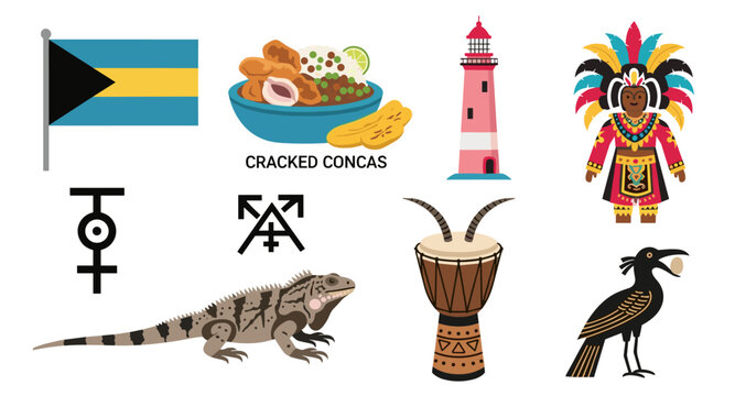 Bahamas cultural icons including flag, food, lighthouse, dancer, iguana, drum, and bird