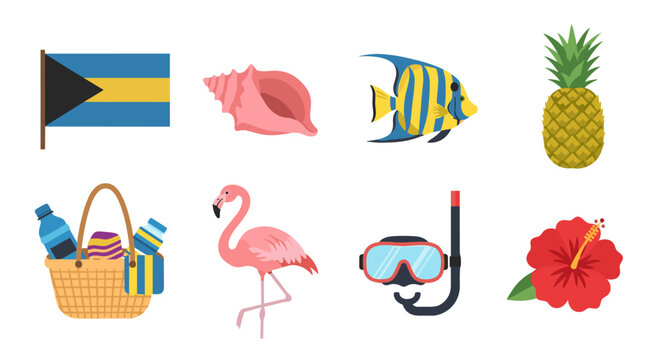 Bahamas vacation icons: flag, pineapple, flamingo, fish, seashell, hibiscus, snorkel