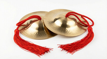 Pair of Traditional Brass Chinese Cymbals with Red Tassels Resting on White Background