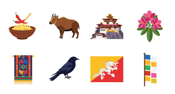 Bhutanese cultural symbols including national animal, flag, and architecture