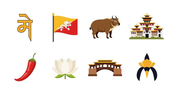 Bhutanese cultural symbols and landmarks collection with national flag and national animal