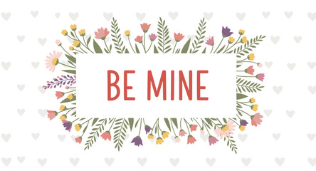 Obraz premium Be Mine text surrounded by a delicate floral border and subtle heart pattern background