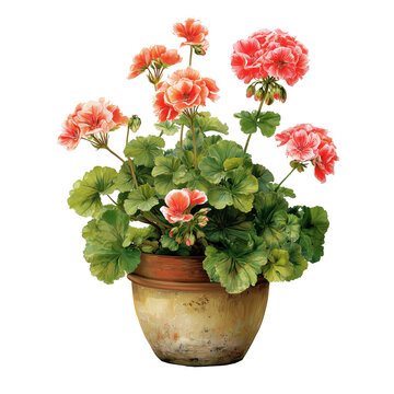 Geranio en flor que representa belleza natural, jardiner&iacute;a decorativa, colorido estacional y cuidado de plantas ornamentales.Geranio rosado en maceta de terracota con flores vibrantes y hojas verdes.