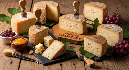 Assortment of Artisanal Cheese on Wooden Table.