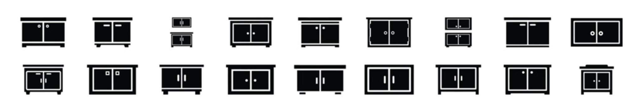 Collection of black   kitchen cabinet silhouette isolated on white background. cooking vector illustration icons.