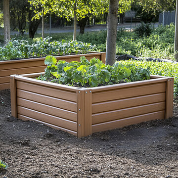 Raised garden bed with leafy greens growing inside, surrounded by nature. This self watering design promotes healthy plant growth and is perfect for urban gardening