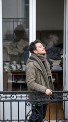 Young man in warm coat and scarf standing on balcony breathing out cold vapor. Winter lifestyle concept with reflection of books and cups in window