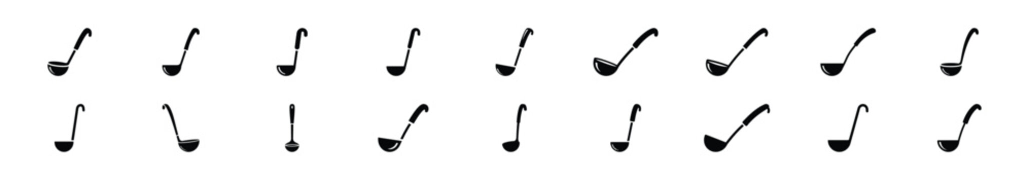 Collection of black   kitchen food ladle silhouette isolated on white background. cooking vector illustration icons.