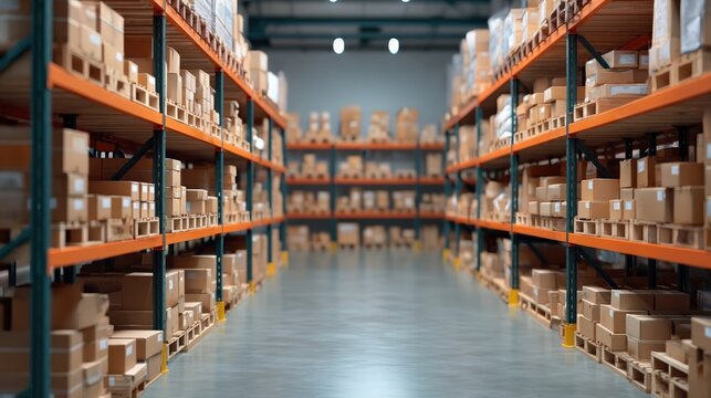 Warehouse aisle with full racks holding cardboard boxes