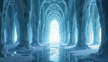 Obraz premium Ice palace corridor with arches leads to bright light. Frozen tunnel with ice pillars and icy floor. Winter fantasy architecture interior with deep perspective and light.