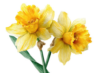Obraz premium Close-up view of two bright yellow daffodils with green stems and leaves, set against black