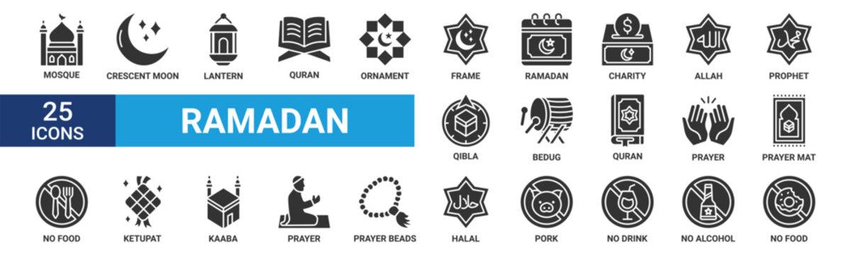 Ramadan icon set. Containing mosque, ramadan, charity, qibla, bedug, quran, prayer, ketupat and more. Glyph vector icons collection.