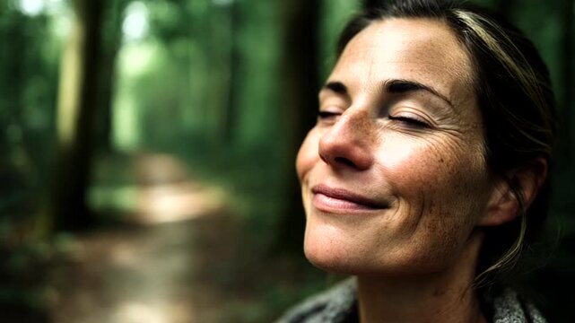 Woman enjoying nature and breathing fresh air in the forest environment.