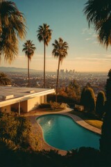 Fototapeta premium Sunny day with a clear view of Los Angeles skyline from a house with a swimming pool surrounded by palm trees in the afternoon