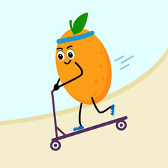 Cute Orange. Rides an Orange scooter.  The concept of health, fitness, cartoon. Vector illustration in a flat style.