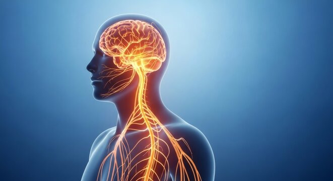 3D human brain and nervous system glowing with neural activity in blue gradient background for medical research and neurology awareness perfect for MS (Multiple Sclerosis) Awareness Week