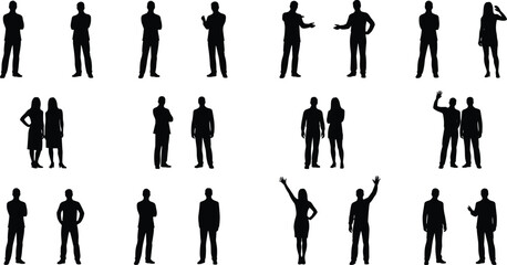 Group people silhouette collection, diverse human poses vector, standing and gesturing figures, abstract body language design, inclusive illustration set © It's Sumi Here