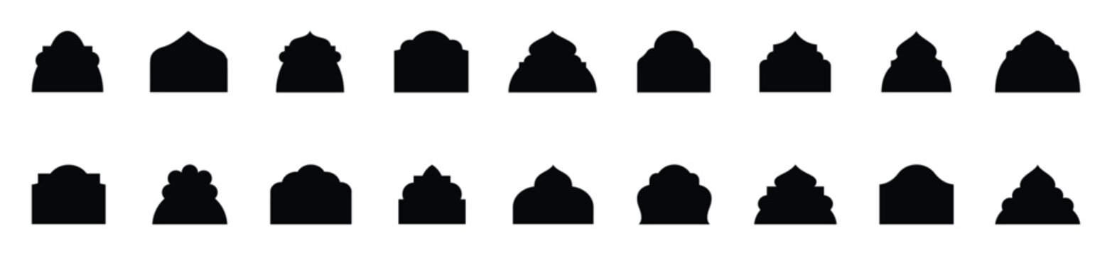 Islamic shape of door or window silhouette Arabic arch. Arabic muslim architecture design elements, ramadan frames. Arab frame set. Vector illustration