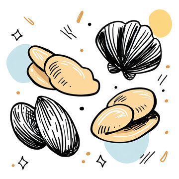 Artistic depiction of various nut shapes and a seashell on a contrasting black background
