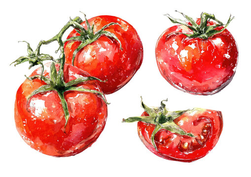 Watercolor depiction of ripe, juicy tomatoes. Showing whole, sliced, and clustered arrangements
