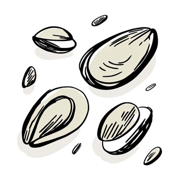 Illustration featuring four different shelled seeds with varying shapes and hatching, on a black background