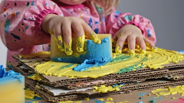 Toddler in colorful smock finger painting yellow on cardboard, close up hands and texture for creative play, joyful messy art time for preschool learning