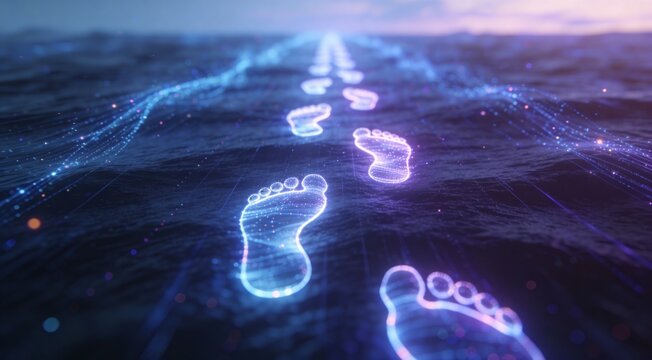 Futuristic digital footprint concept with glowing footprints on a dark blue data surface
