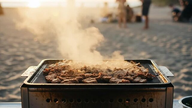 Outdoor grilling session capturing sizzling barbecue meat on portable grill at sunset