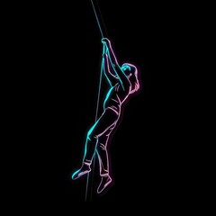 Neon Line Art of Woman Climbing Rope, Modern Fitness Illustration for Strength Training Concepts, Obstacle Course Themes, Athletic Motivation Posters, Dynamic Vector Design Use