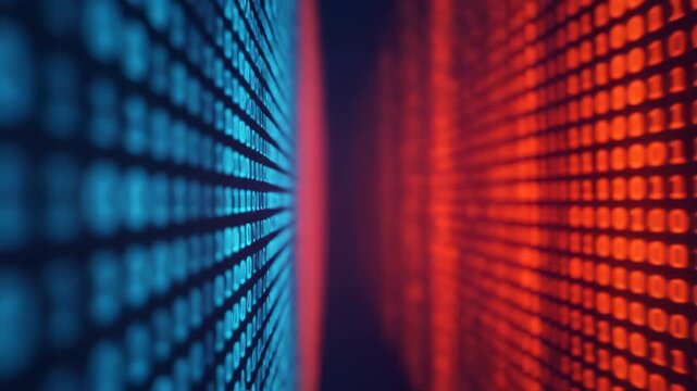 Data flow visualization depicting binary code patterns digital environment abstract concept futuristic viewpoint