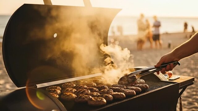 Outdoor barbecue grilling on the beach during sunset capturing sizzling burgers and smoky aromas