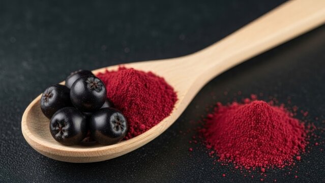A wooden spoon with black chokeberries and red chokeberry powder on a dark background.