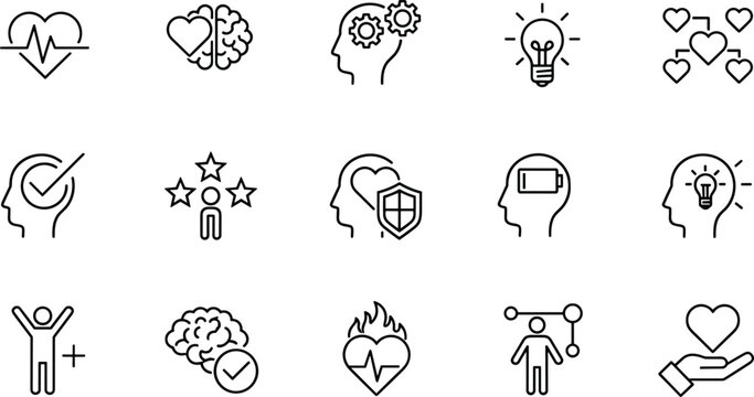 Mental health and wellbeing line icon set with brain heart shield vector illustration collection