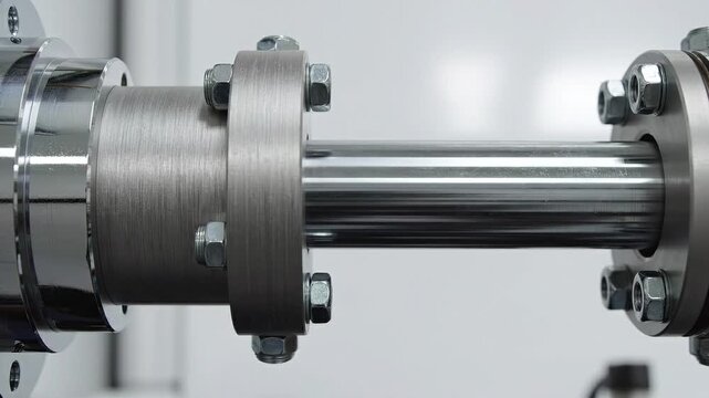 Macro close-up of a polished stainless steel drive shaft connected by two bolted metal flanges in a clean, modern industrial factory environment.