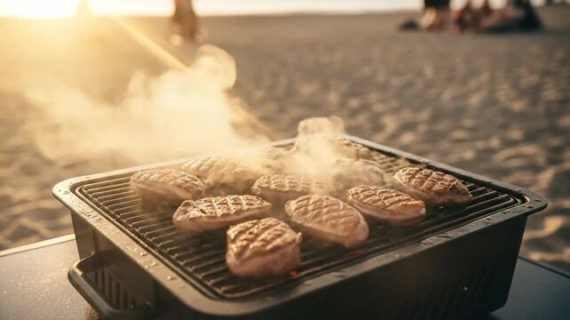 Sunset Beach Barbecue with Smoky Grilled Snacks and Evening Chill Atmosphere